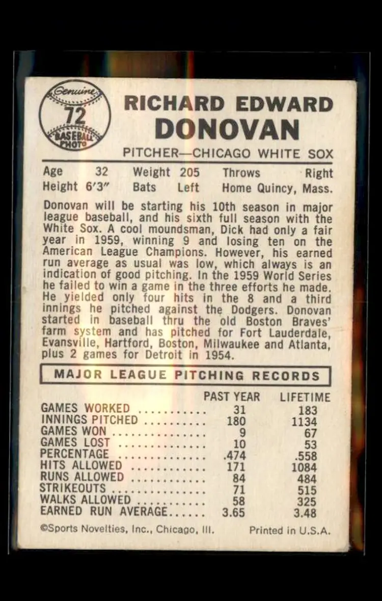 1960 Leaf #72 Dick Donovan - (pk1) - Chicago White Sox