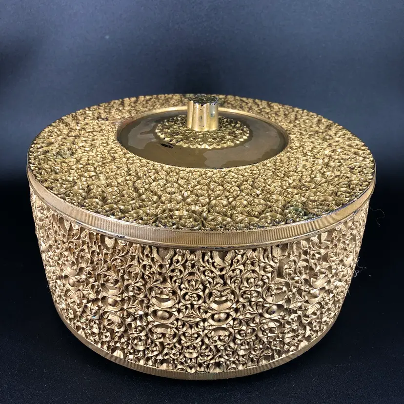 Vintage Hollywood Regency Gold Ornate 1950's Plastic Storage Box with Lid
