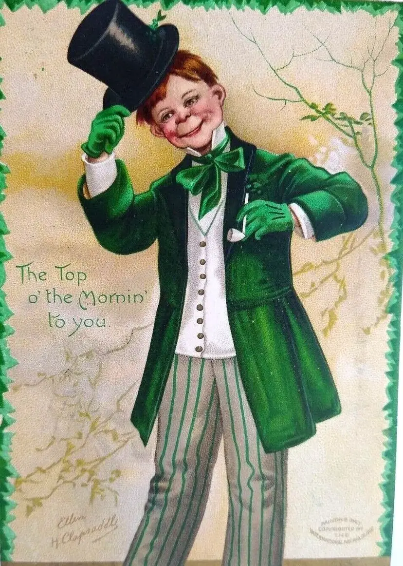 St Patrick's Day Postcard Green Coat Irish Man Signed Ellen Clapsaddle 1908
