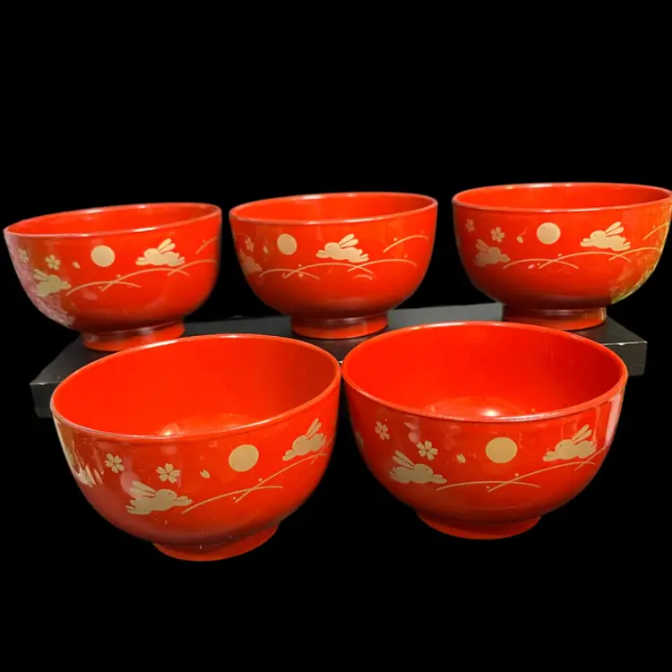5- 4 1/4" Made in Japan Brick Red Soup Bowl w/ Rabbit and floral Gold Accents on One Side of Bowl
