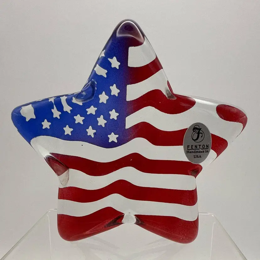 Fenton Art Glass Patriotic Stars and Stripes Star Shaped Paperweight USA Flag