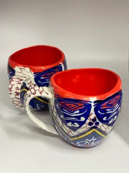 Anthropologie Habari Aztec Printed Ceramic Glossy Coffee Meg in Red, White & Blue