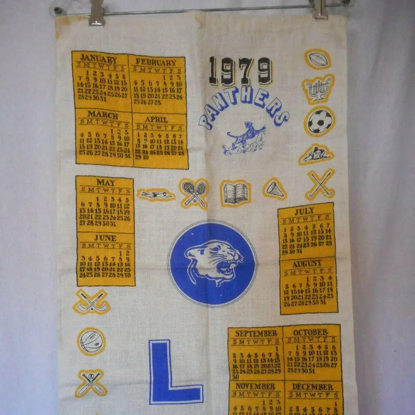 Vintage 1979 Lewistown Panthers Sports Linen Kitchen Towel Calendar
