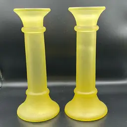 Yellow Frosted Satin Glass Candle Sticks, Indiana Glass, 7 Inches