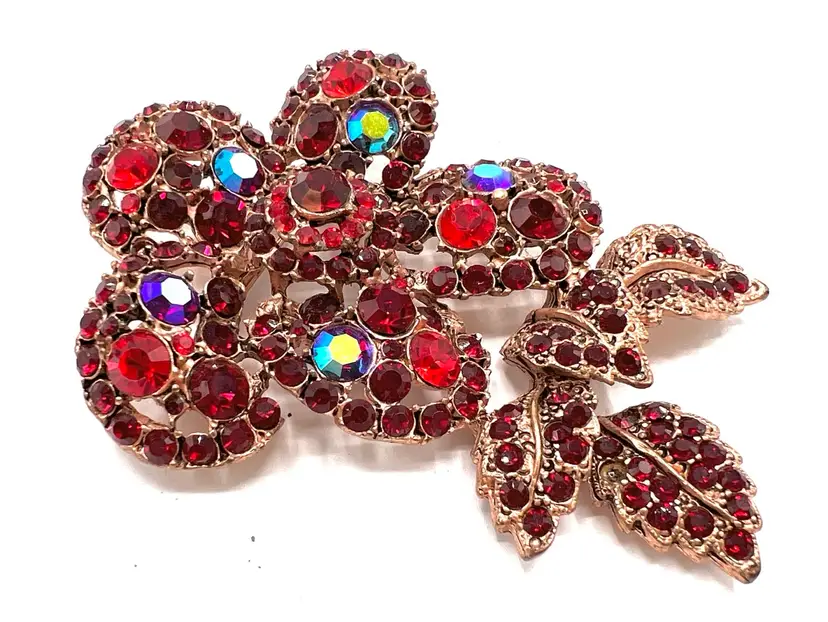Red Rhinestone Brooch, Layered Dome, Aurora Borealis Red Cabochons, 3 Inch Flower Style Highlights, CopperTone Setting