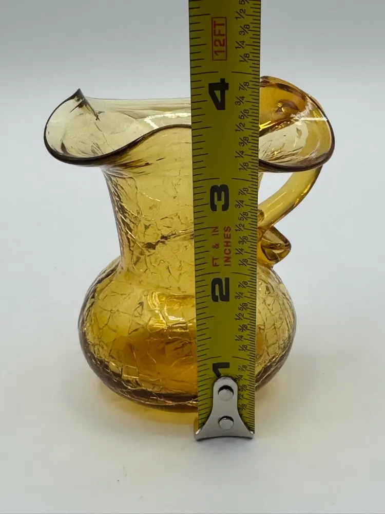 Vintage Amber Hand Blown Crackle Art Glass Small Pitcher