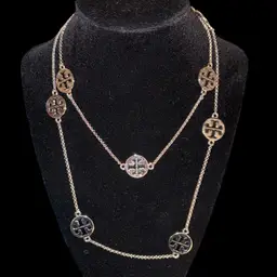 Tory Burch 36” Silvertone/black Station Necklace