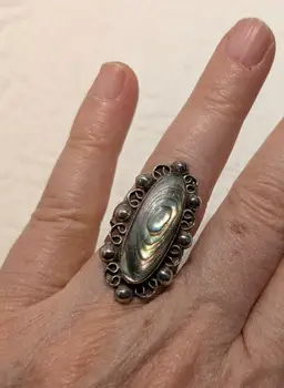 Vintage Sterling Silver Elongated Abalone Ring with Artist Stamp, Taxco Mexico, Size 6.5
