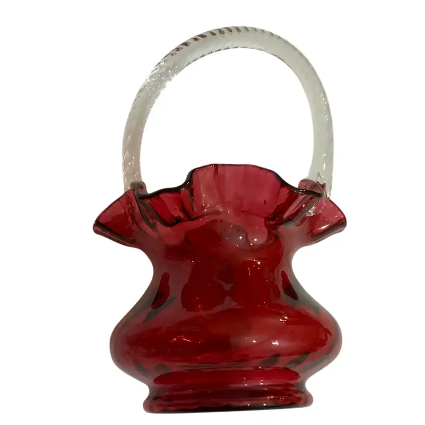 Vintage Fenton Glass Cranberry Red Ruffled Edge With Clear Glass Handle BASKET Approximately 8.75” Tall With Handle
