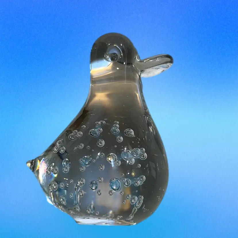Clear Blown Glass Duck With Controlled Bubbles 4” Tall 2 1/2” Across