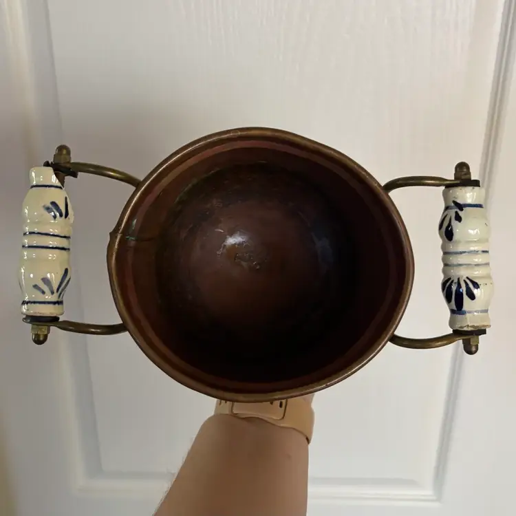 Vintage Ceramic Handled Copper Bowl Pot