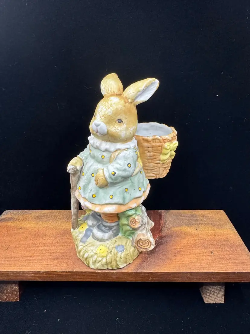 Vintage ceramic Easter bunny figurine with a basket planter, 6”