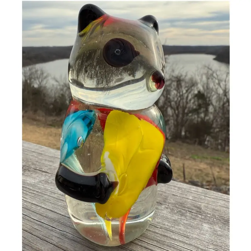 16 Art Glass Panda Bear Figurine - Large Internal Trumpet Floral Inclusions (Red, Yellow, Blue)