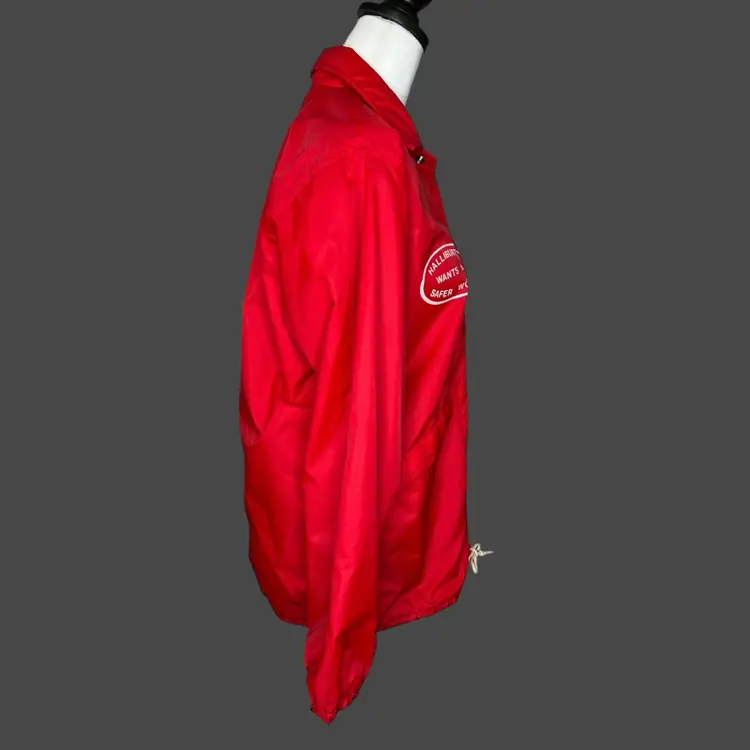 Vintage 70s Red Halliburton Logo Patch Safer World Pla-Jac Windbreaker Jacket S