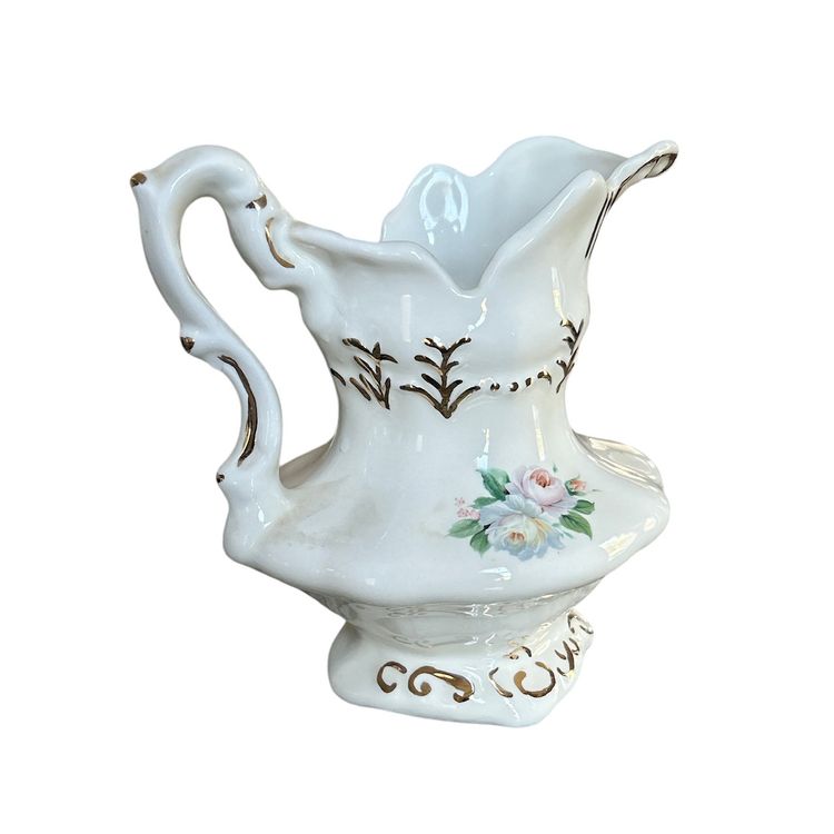 Victorian Hand Painted Pitcher for Basin -Cream with Gold Trim & Pink Rose Flowers