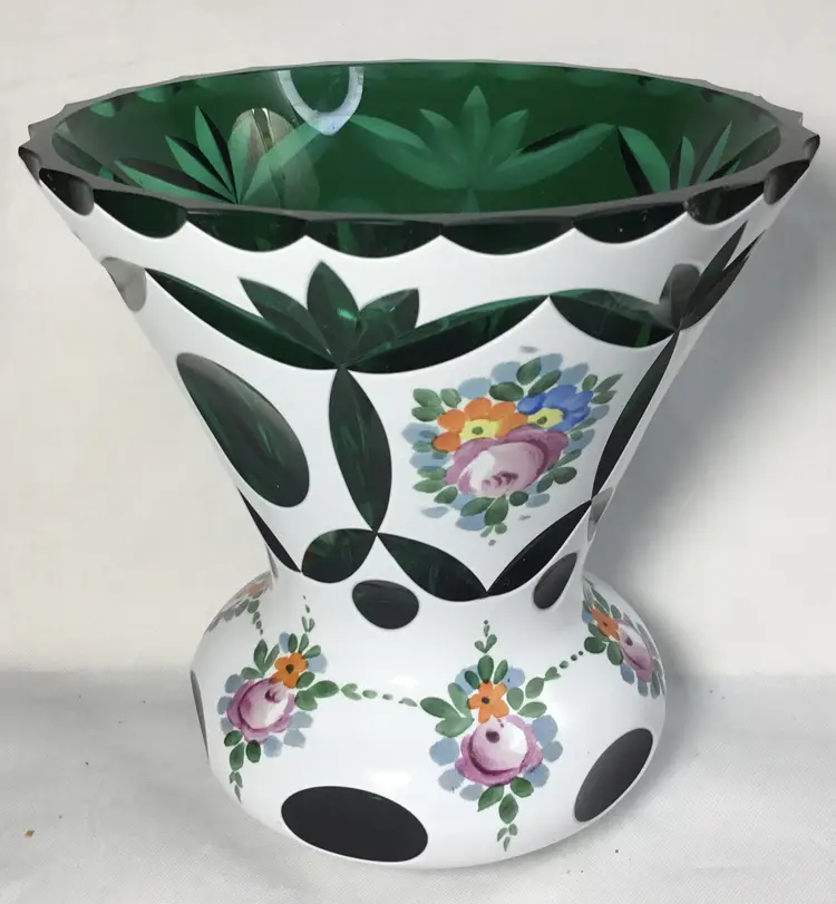 Bohemian Czech cased glass vase, cut to green, hand painted 5"