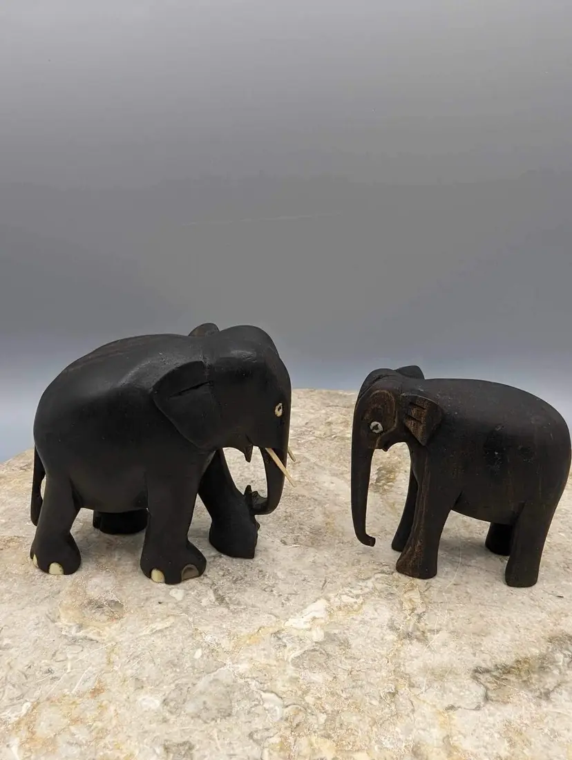 2 Wooden Elephants Larger 3" X 4" Small 2 1/2" X 2 1/2