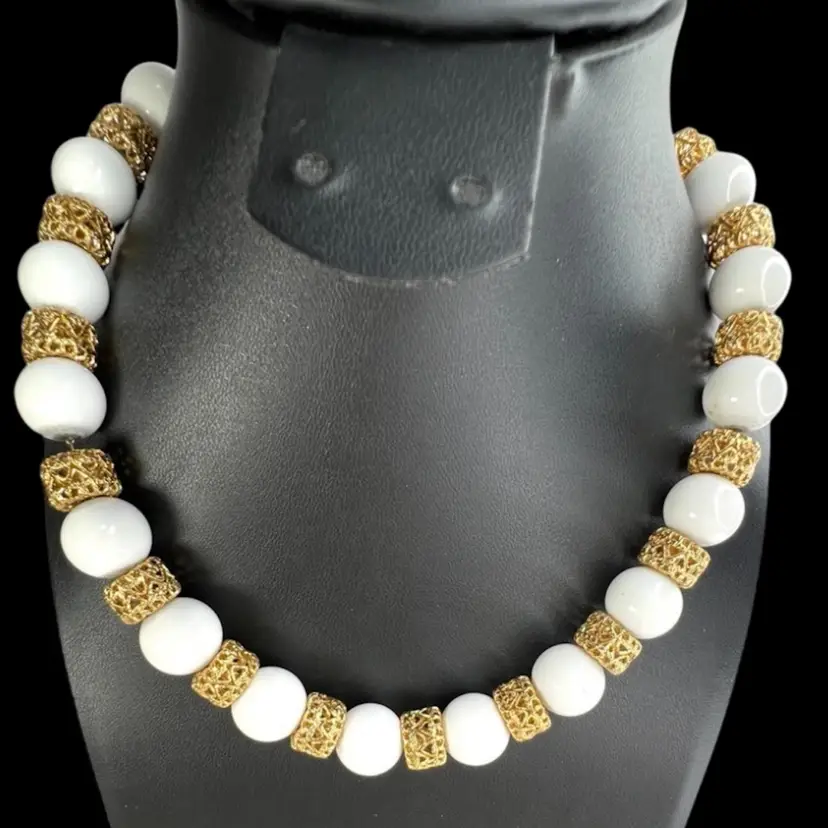 Vintage MONET Signed White Plastic Bead Necklace with Gold-tone Filigree Spacer Beads & Chain.