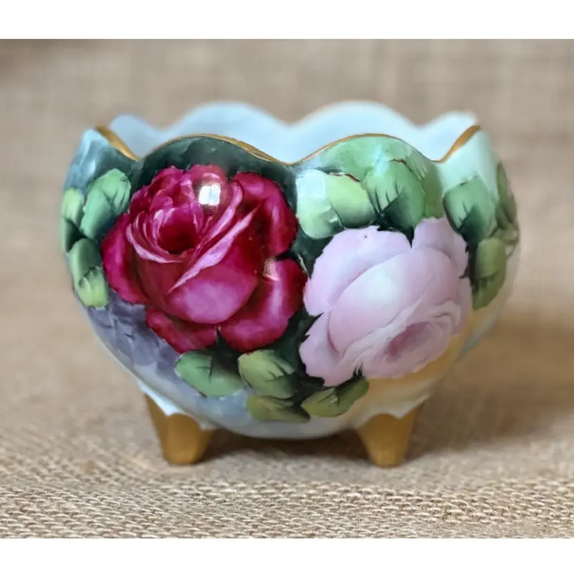 Vintage Hand Painted Floral Pedestal Bowl Candy Dish Planter Gold Trim Elegant