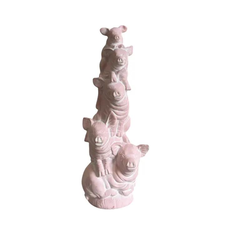 Hand Painted Light Pink Ceramic Tower or Totem of 5 Pigs Figurine