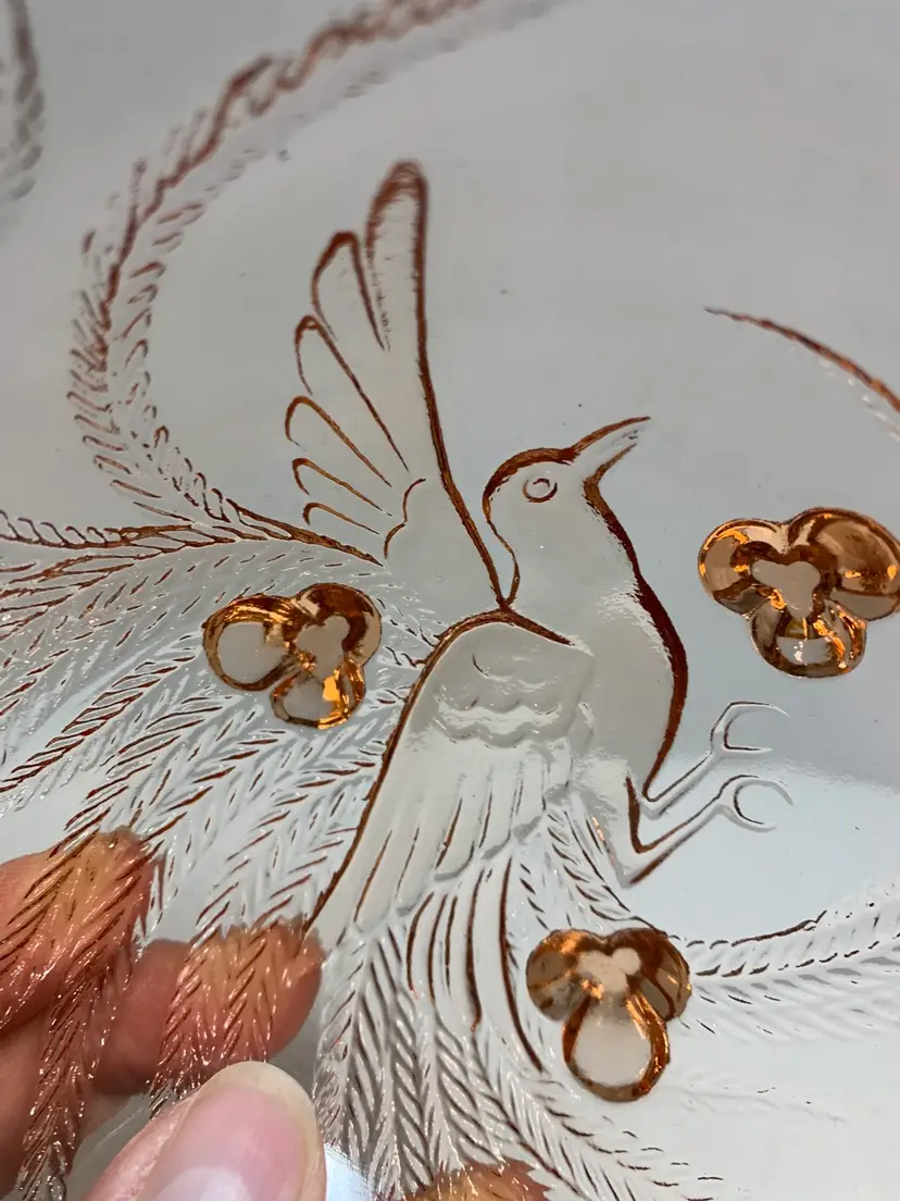 VTG Indiana Glass Tiara coral Empress bird of paradise three footed dish/bowl