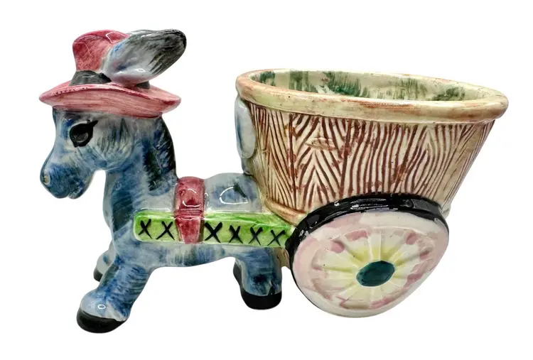 Vintage Ceramic Donkey Mule Wagon Planter Bowl Base Hat Hand Painted Japan 7”