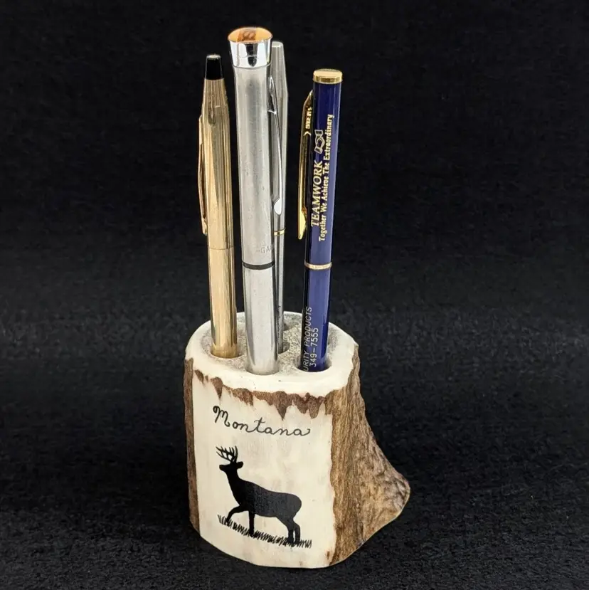 Vintage Handmade Elk Antler Pencil Pen Holder with a Deer Montana Souvenir