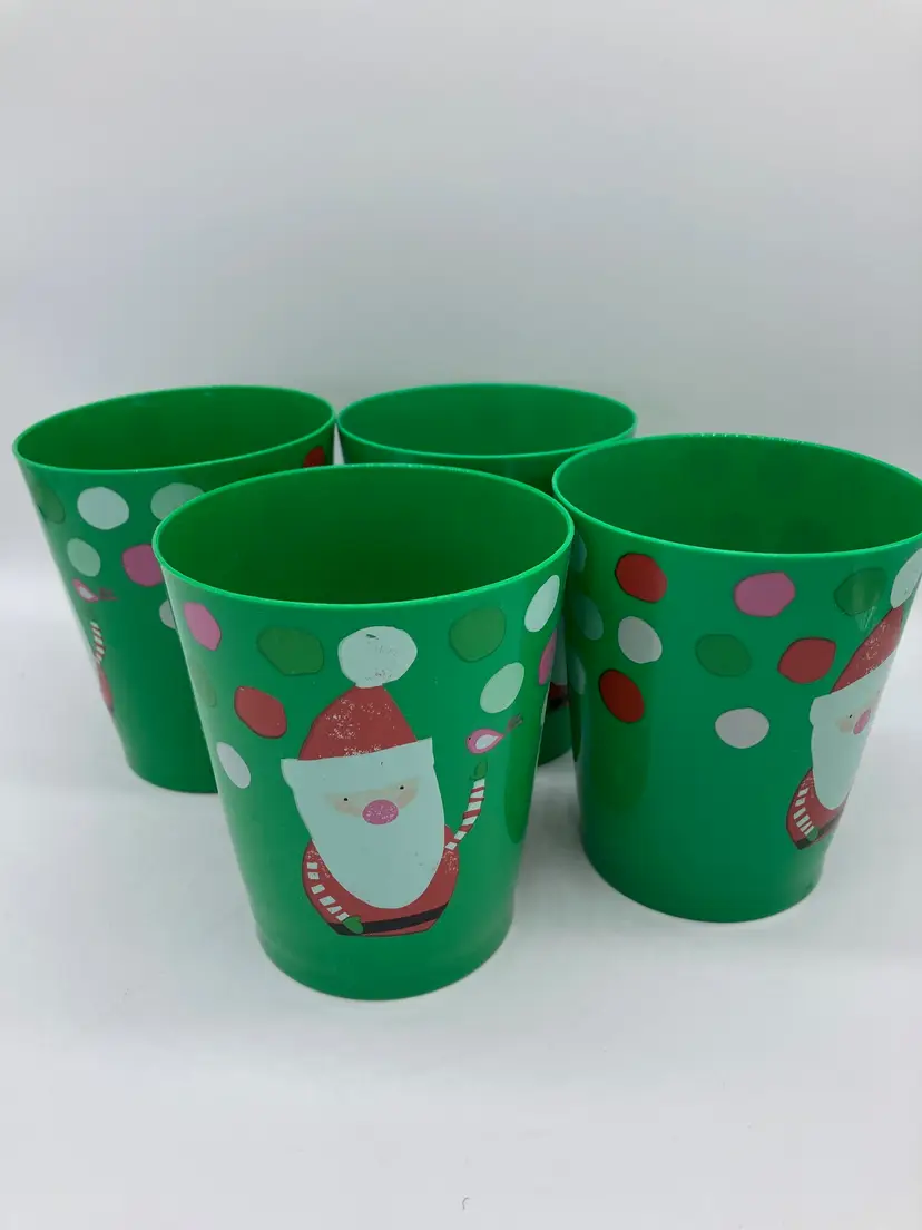 Vintage 4 Holiday Santa Drinking Cups Christmas 4" Tall ~ Holds 12oz. Reusable