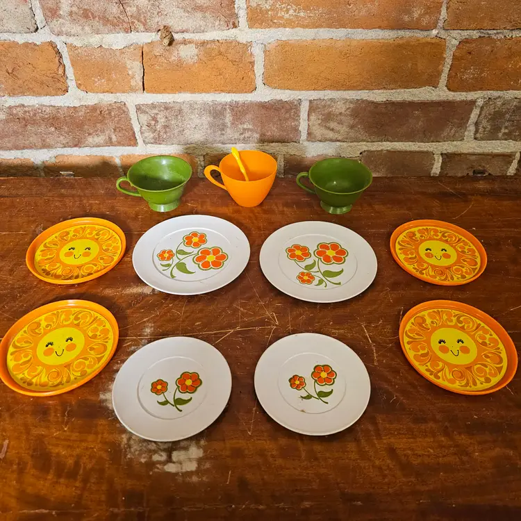 Vintage 1970s Tea Set Lot Chilton Toys Flower Power & Merry Toys Happy Sun Dishes
