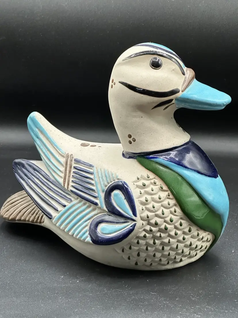 Vintage Tonala Mexican Folk Art Pottery Hand Painted Duck Blue Green 8.5x5x6.75"