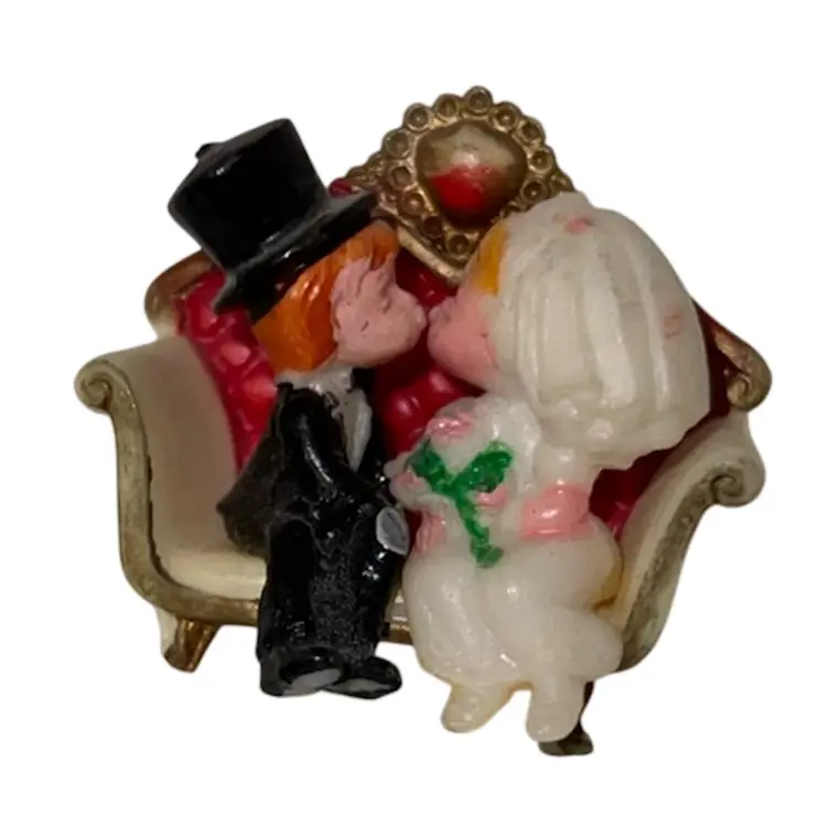 Miniature Hong Kong Bride & Groom On Couch Cake Topper 1.25”