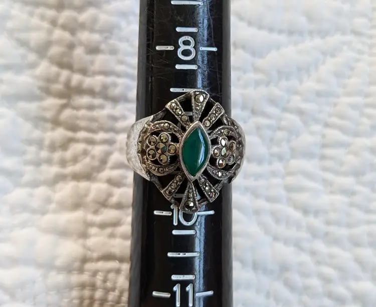 Vintage Sterling Silver Ring with Marcasite and Chrysoprase Stone, Size 9.25