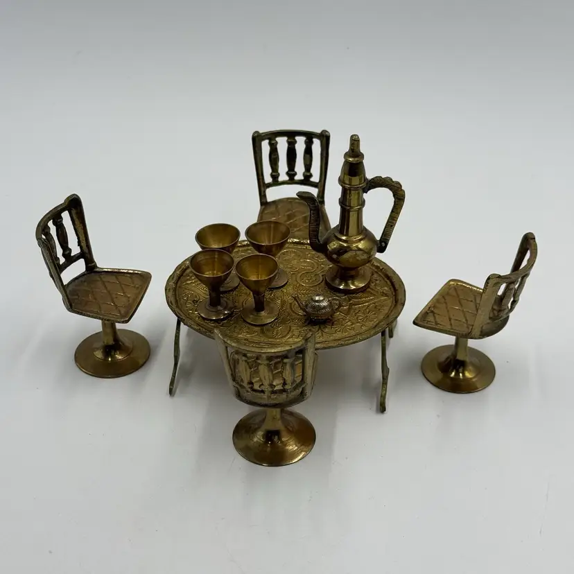 Vintage Brass Miniature Dollhouse Dining Set Table Chairs Goblets Teapot Made in India