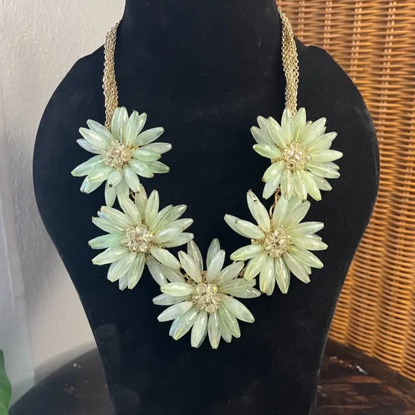 #J40 - Gold Tone & Plastic Flower Bib Statement Necklace - About 20"