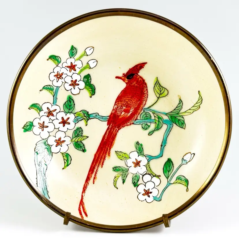 ACF Japanese Porcelain, Hand-Painted Enamel Brass Clad Bird Bowl, Vintage Decorated in Hong Kong