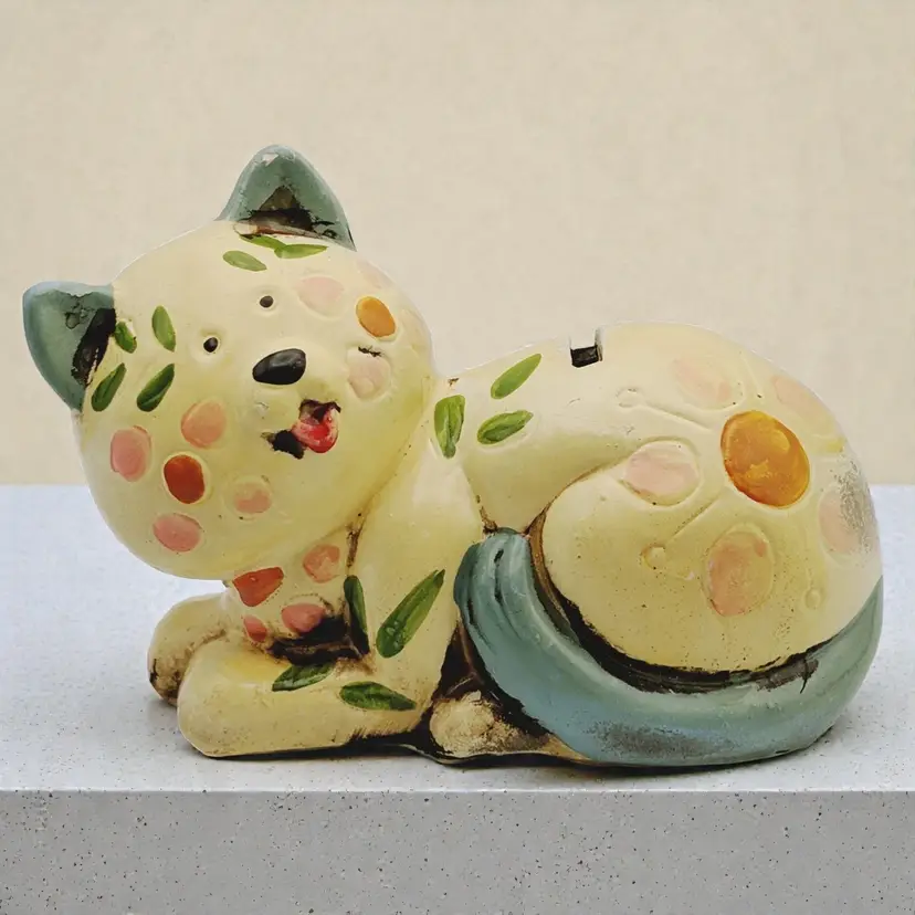 Vintage Chalkware Plaster Smiling Yellow Blue Kitty Cat Coin Bank 1960's Kitschy