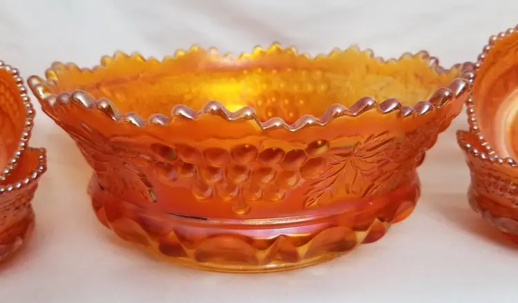 Vintage Northwood Pumpkin Marigold Grape & Cable Thumbprint 5 Piece Berry Set