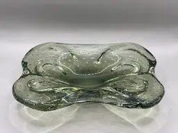 Large Art Glass Bowl Controlled Bubbles Avocado Green Slight Glow 8.5”
