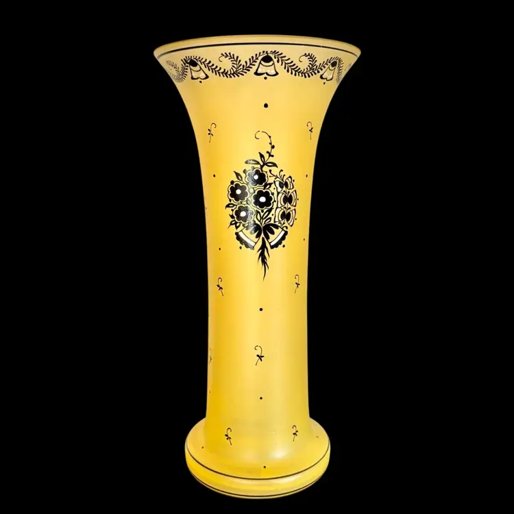 Frosted Yellow with Black Detail Painted Glass Vase 10”