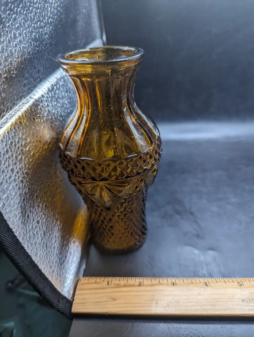 Vintage Amber Glass Diamond Cut Bud Vase Midcentury Modern