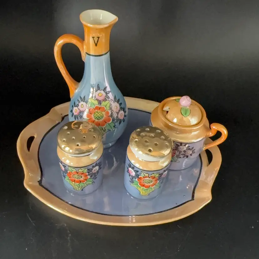 VINTAGE 1920s Takito (TT) Lusterware Condiment Set - Hand Painted Japan - 6pc