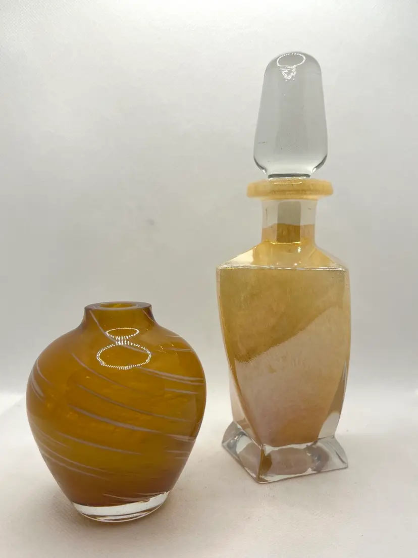 Vintage Small Round Amber Swirl Murano Glass Bud Vase And Complimenting Perfume Bottle Decanter Butterscotch