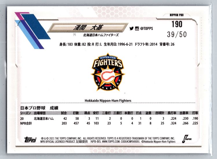 Daiki Asama 2021 Topps NPB Hokkaido Nippon-Ham Fighters Blue Foil /50