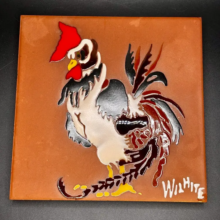 Redware Rooster Glazed Square Tile Trivet 6x6” Cork Back
