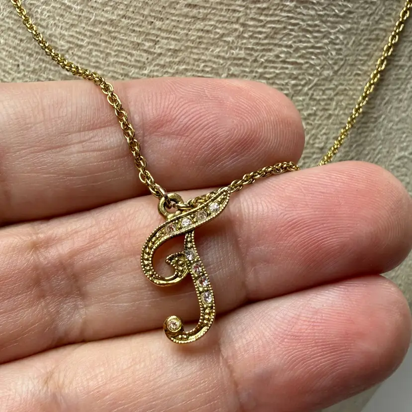 Vintage 1928 Brand 18" Initial T Pendant w/ Gold Tone Chain Rhinestones