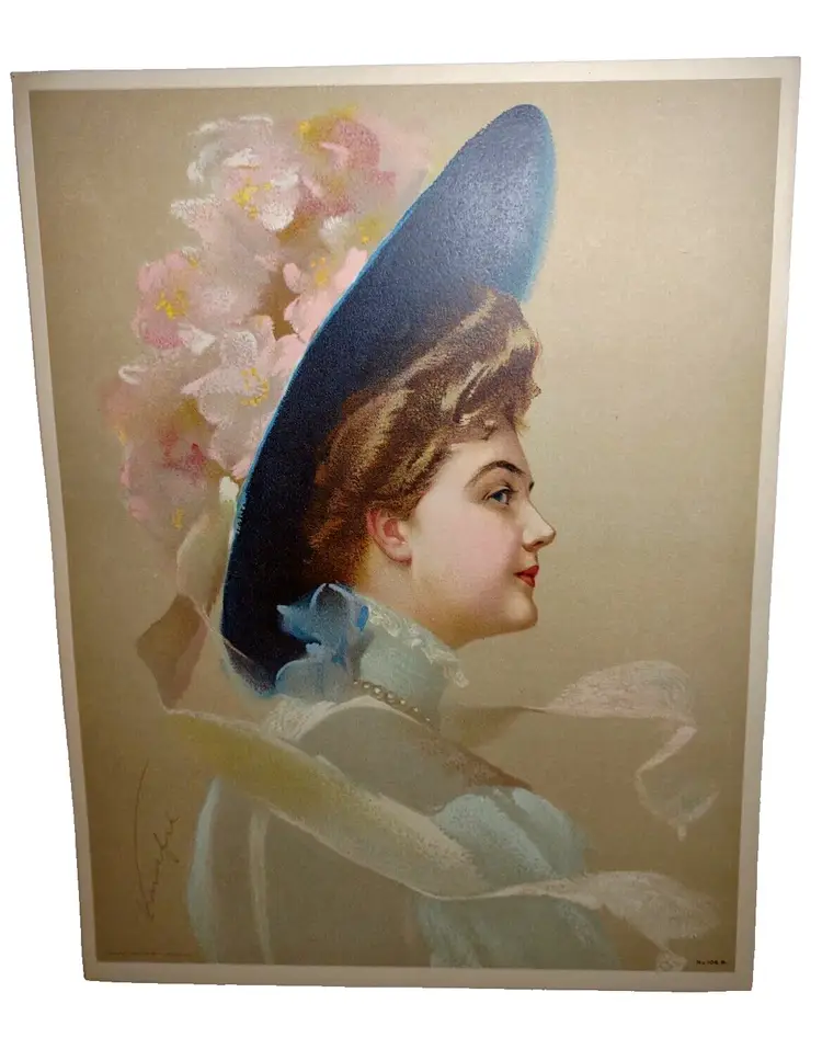 Victorian Art Print Pink Flower Hat Lady Artist Signed Knoefel Gray Litho 1910