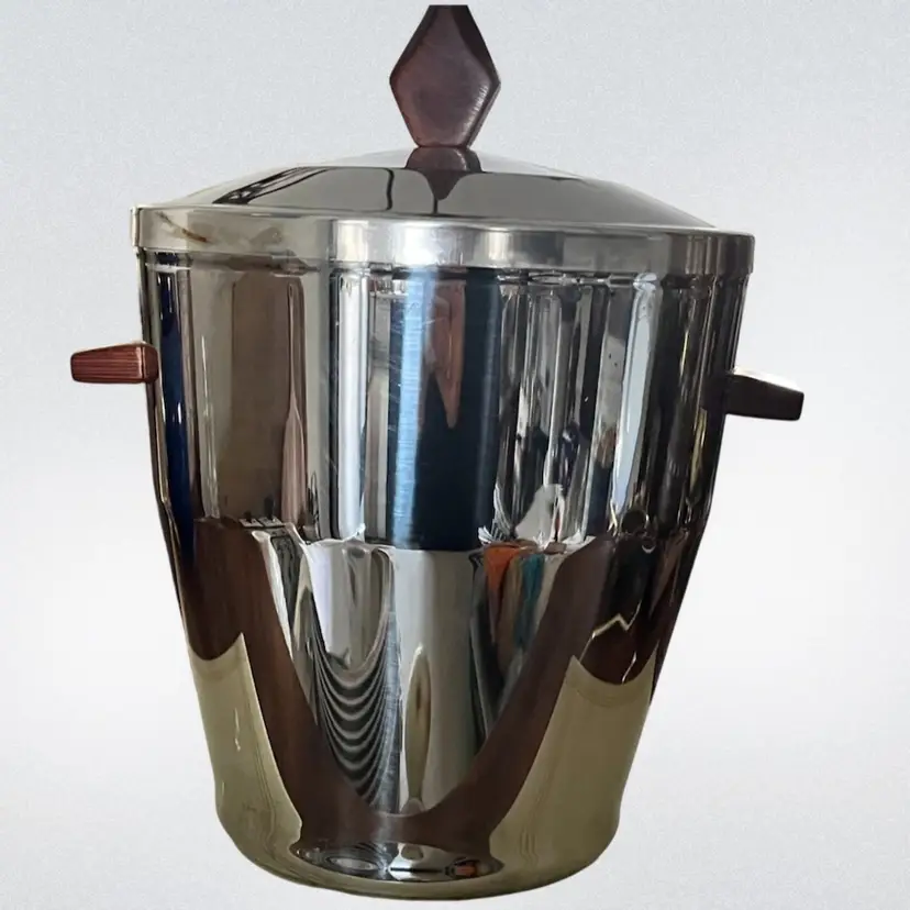 Mid-Century Modern -Irvinware Stainless Steel- Ice Bucket with Wood Finial & Handles- 10.5” Tall W Lid, 7” Wide