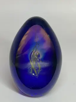 Blue Glass Paperweight w/ Abstract Interior Design, 4.25"