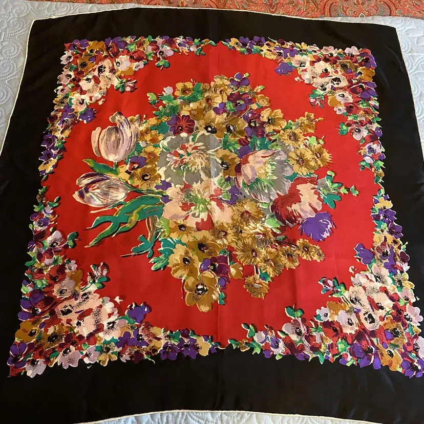 #2517 Vintage ADORIT CREATIONS Square Sheer Silk Floral Scarf in Red with Hand Rolled