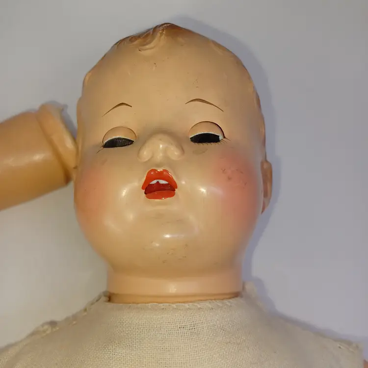 Antique 18" Composition & Cloth Boy Baby Doll, Sleep Eyes, Molded Hair, Crier Box (works)